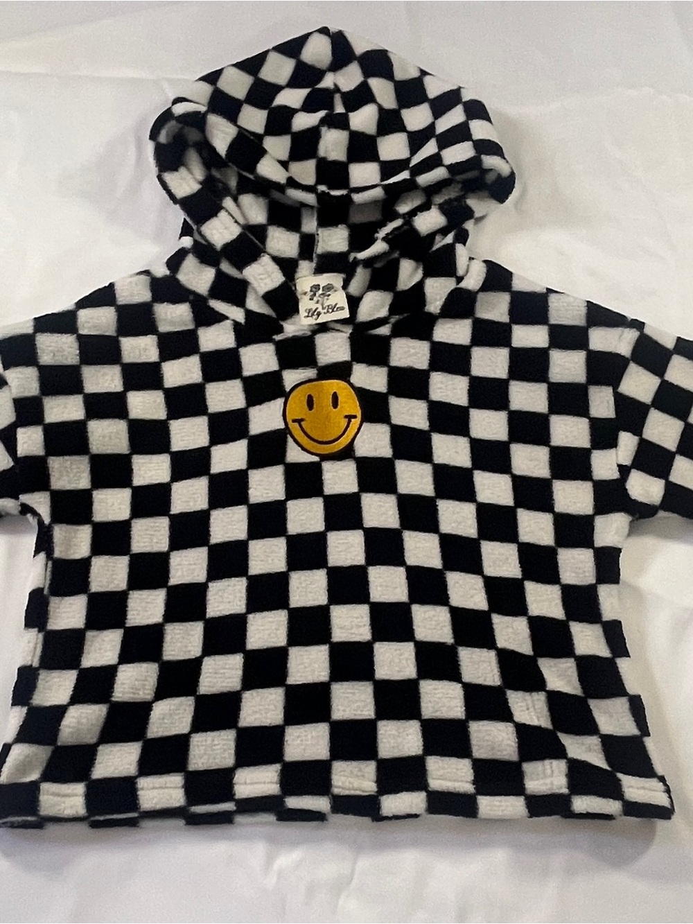 Lily Bleu Black & White Checkered Hoodie with Yellow Smiley Patch